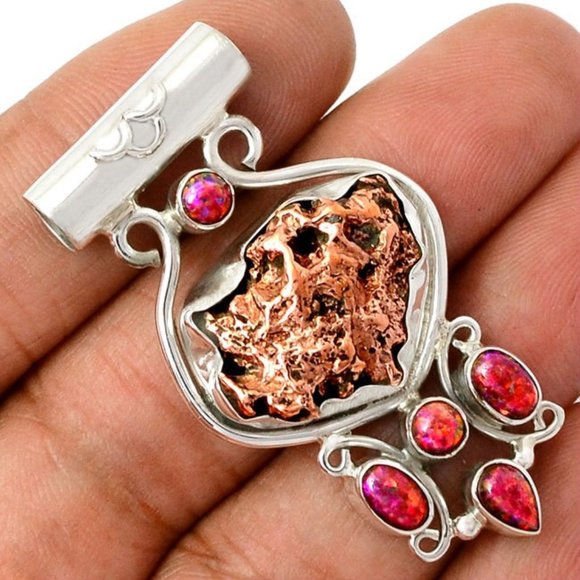 New - Michigan Copper and Red Fire Opal 925 Sterling Silver Pendant with a Chain - Picture 1 of 1